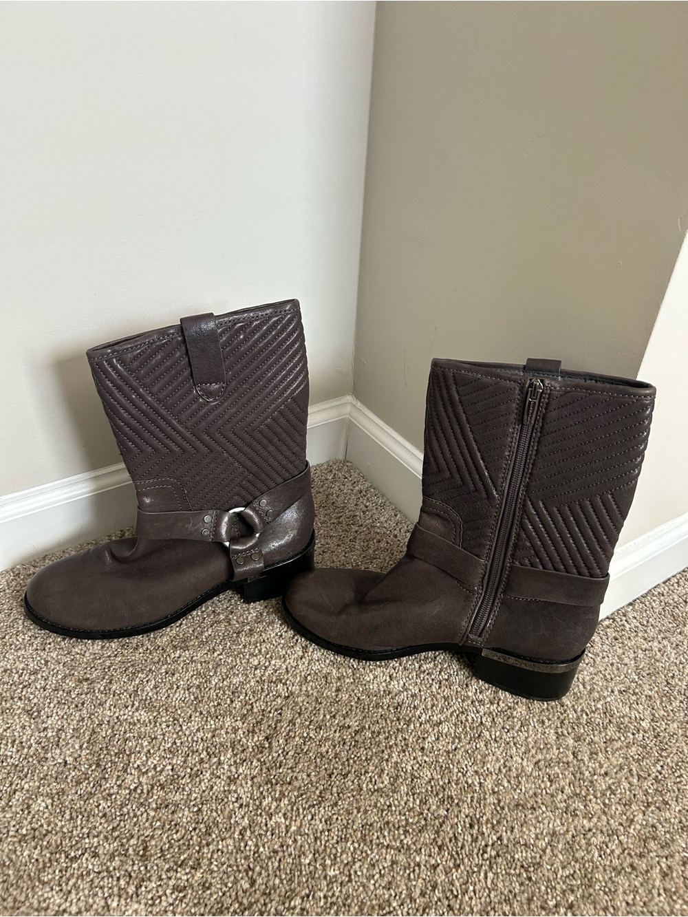 Women's Y2K Dark Brown Leather Quilted Mid-Calf Boot with Buckle Strap